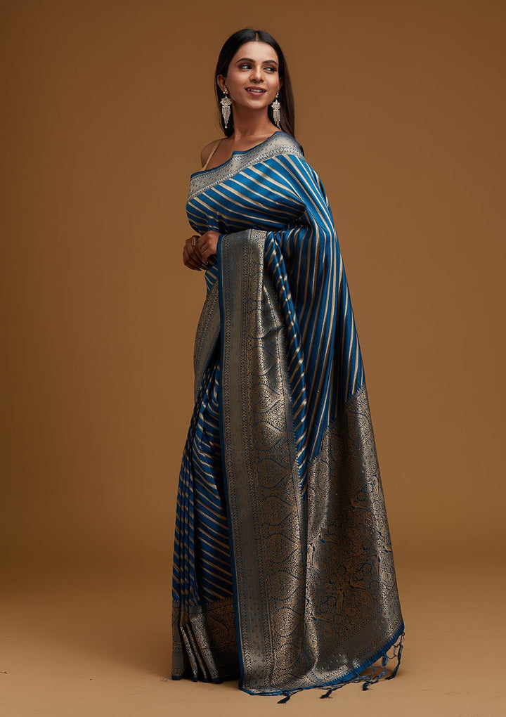 Peacock Blue Zariwork Banarasi Designer Saree - Koskii