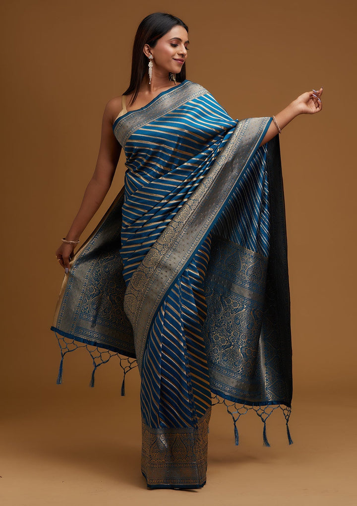 Peacock Blue Zariwork Banarasi Designer Saree - Koskii