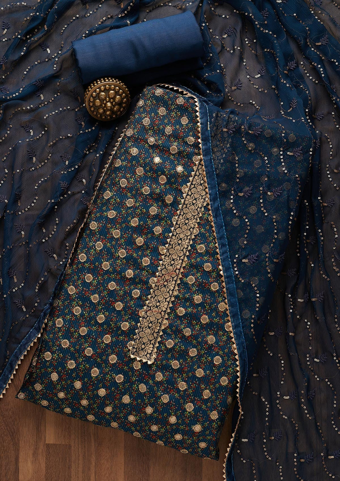 Peacock Blue Zariwork Chanderi Semi-Stitched Salwar Suit-Koskii