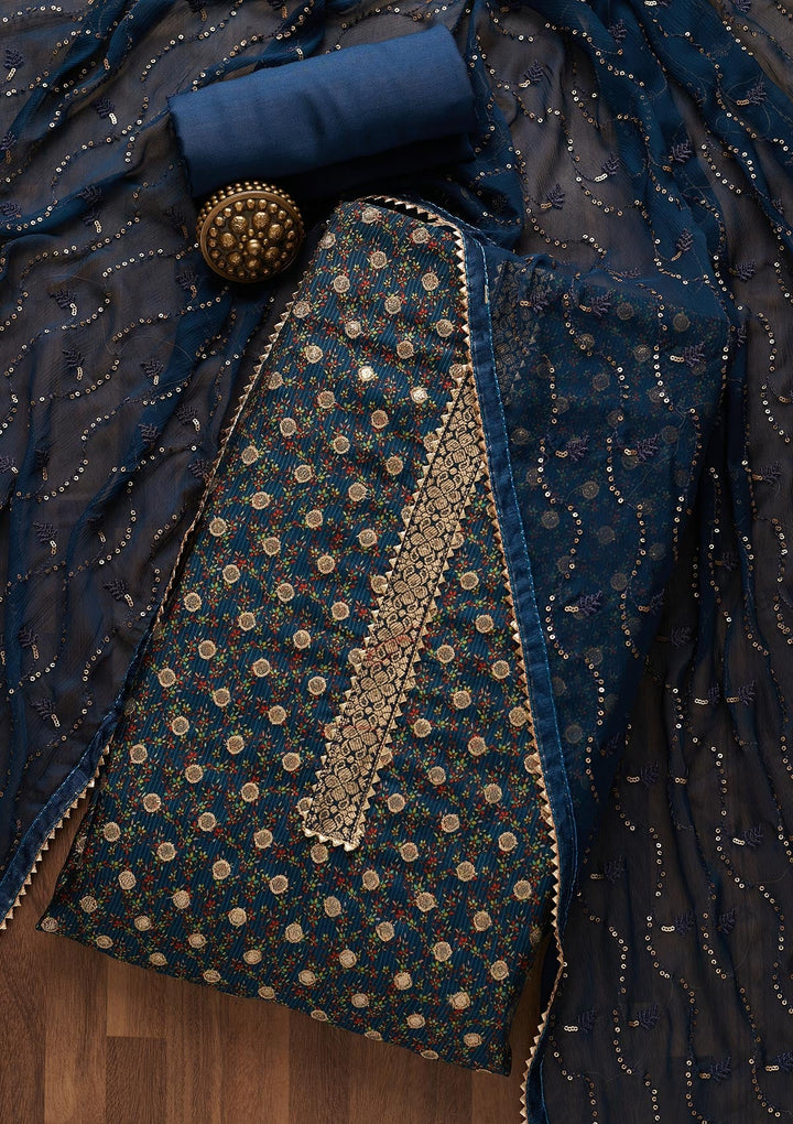Peacock Blue Zariwork Chanderi Semi-Stitched Salwar Suit-Koskii