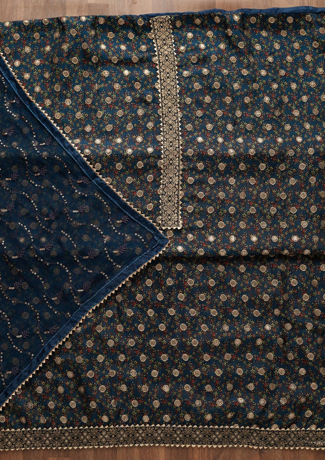 Peacock Blue Zariwork Chanderi Semi-Stitched Salwar Suit-Koskii