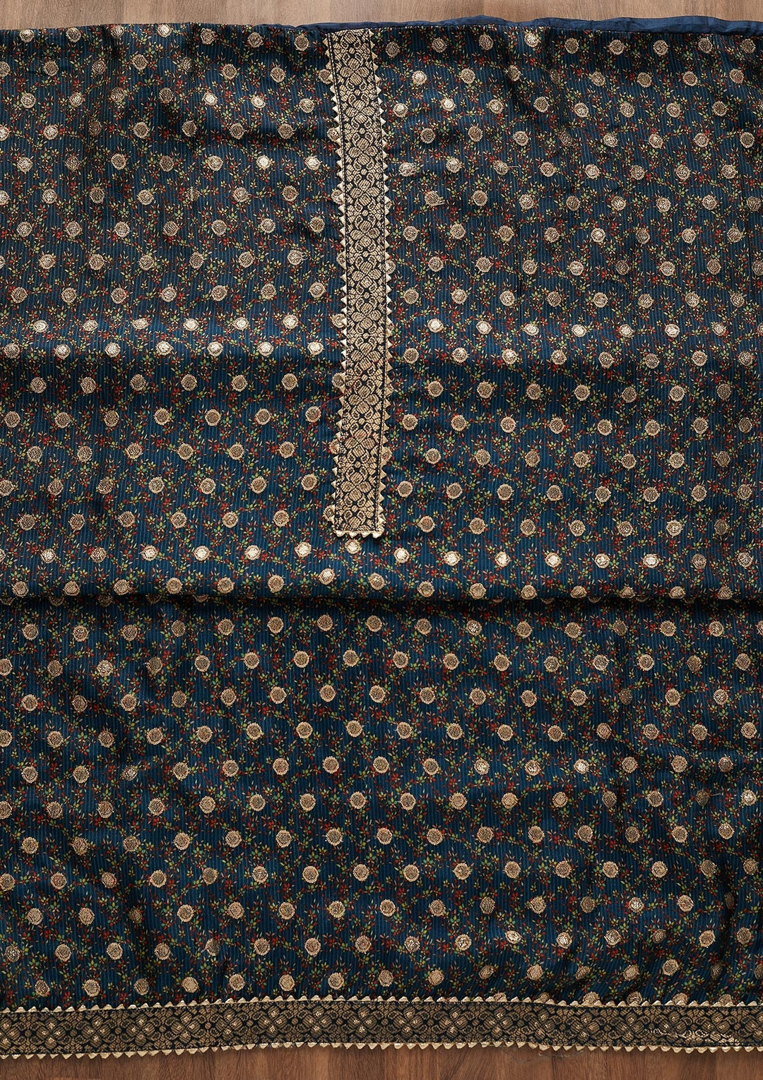 Peacock Blue Zariwork Chanderi Semi-Stitched Salwar Suit-Koskii
