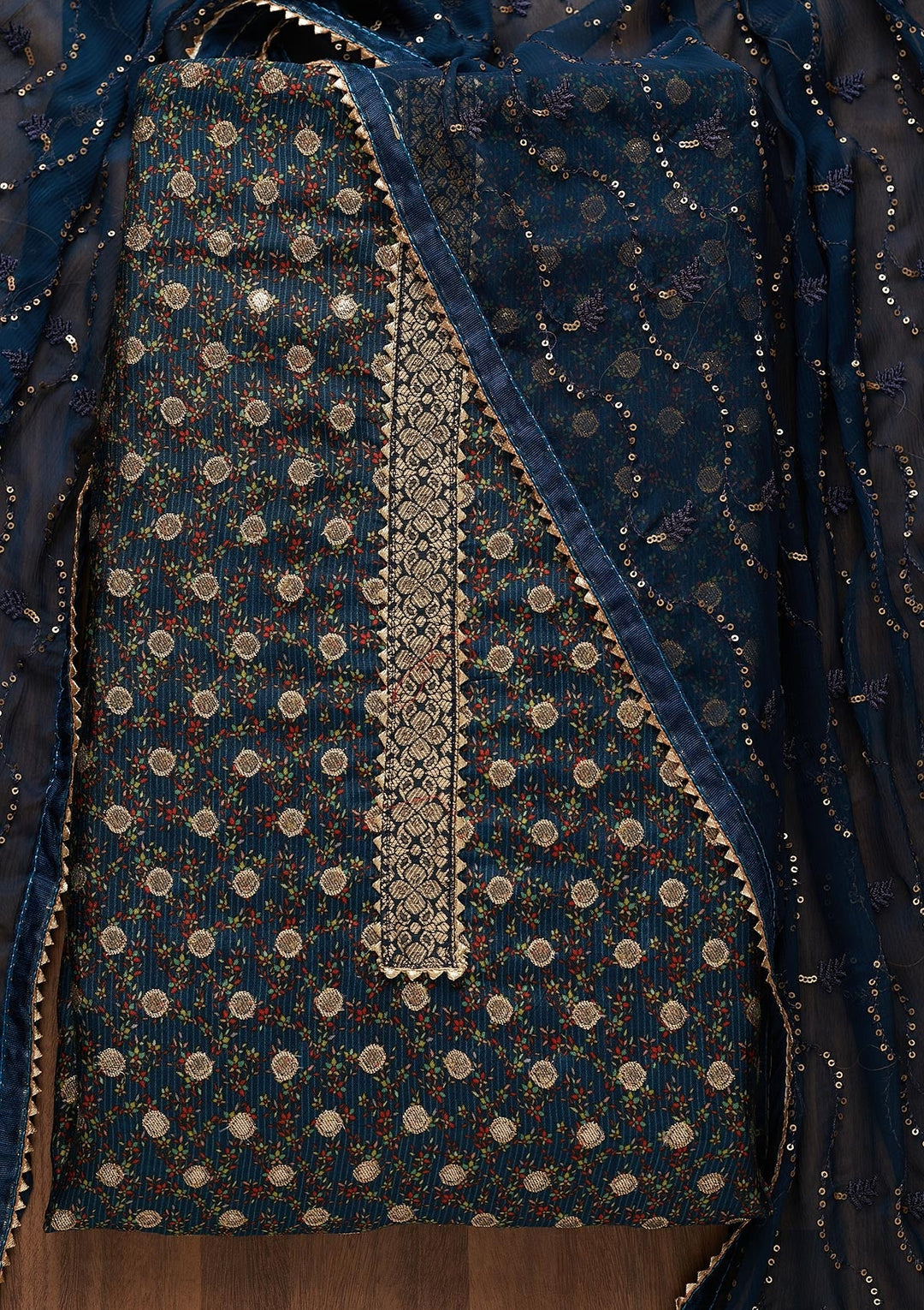Peacock Blue Zariwork Chanderi Semi-Stitched Salwar Suit-Koskii