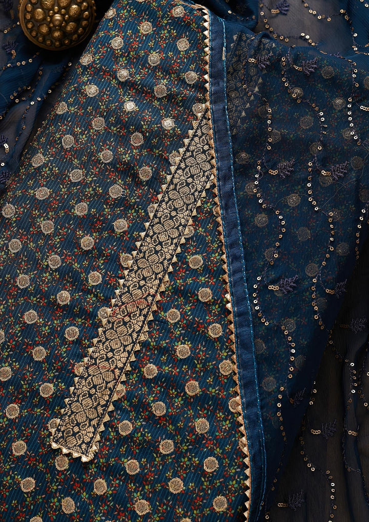 Peacock Blue Zariwork Chanderi Semi-Stitched Salwar Suit-Koskii