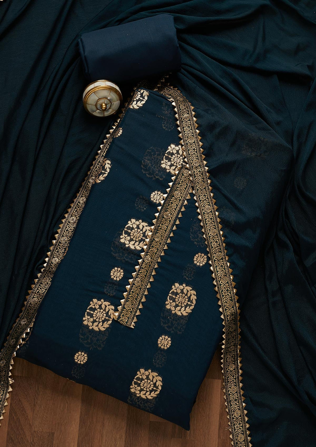 Peacock Blue Zariwork Chanderi Semi-Stitched Salwar Suit-Koskii
