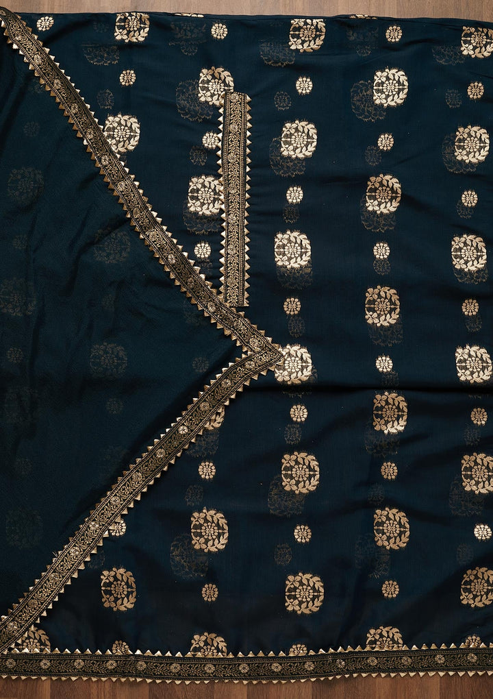 Peacock Blue Zariwork Chanderi Semi-Stitched Salwar Suit-Koskii