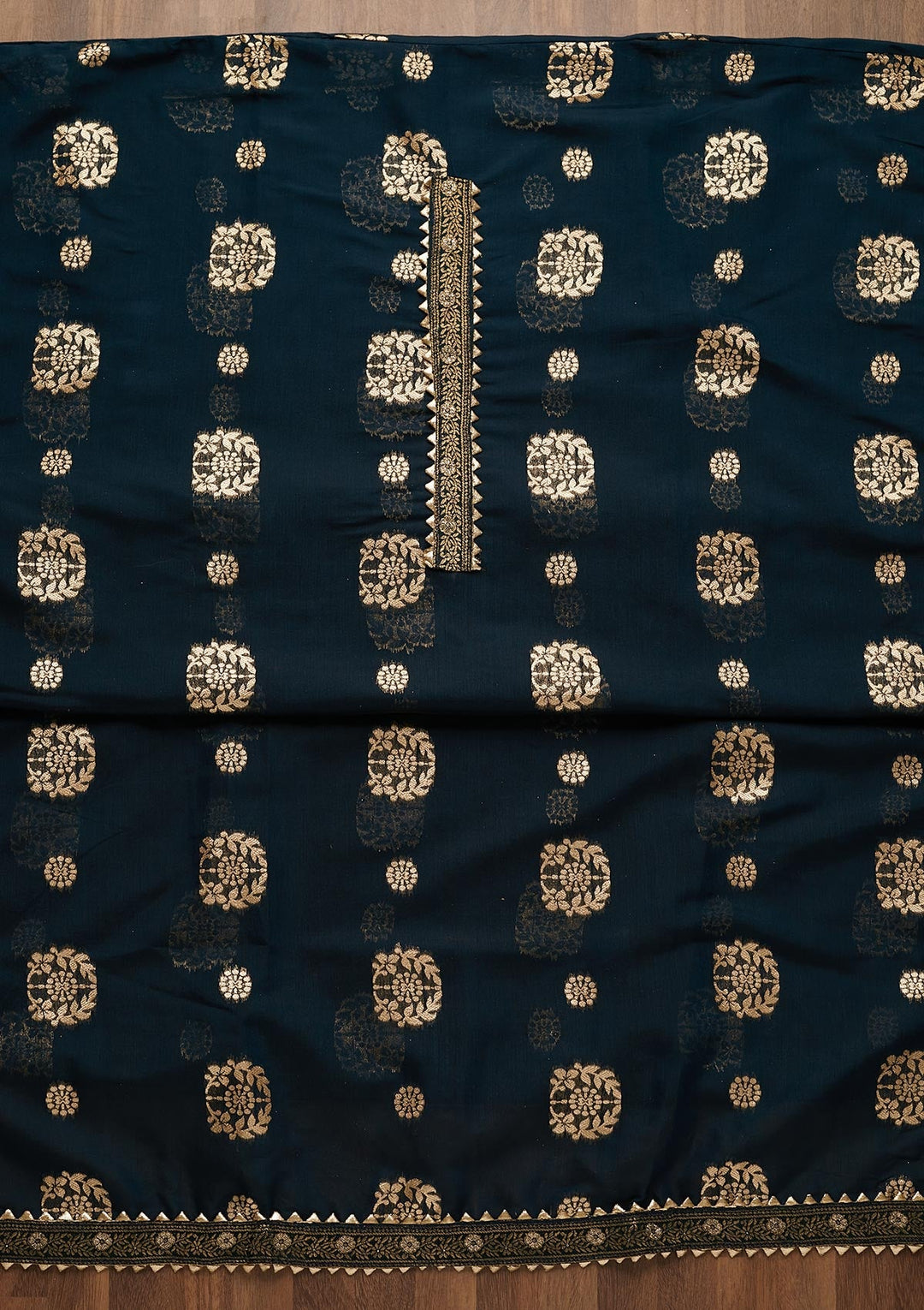 Peacock Blue Zariwork Chanderi Semi-Stitched Salwar Suit-Koskii