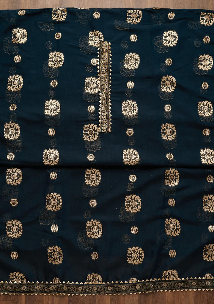 Peacock Blue Zariwork Chanderi Semi-Stitched Salwar Suit-Koskii