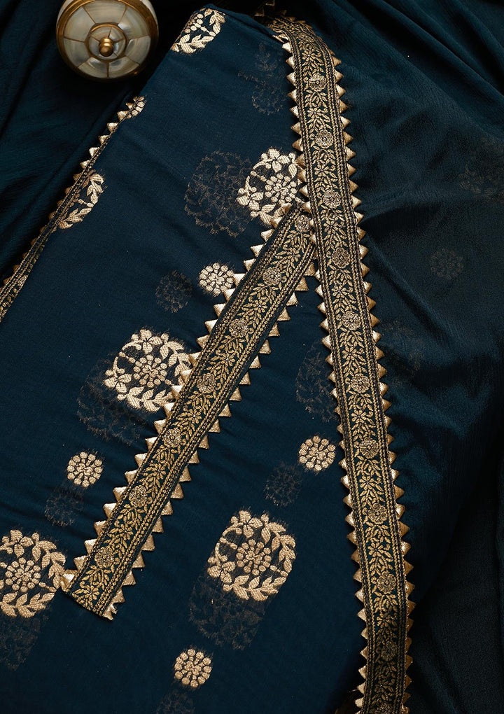 Peacock Blue Zariwork Chanderi Semi-Stitched Salwar Suit-Koskii
