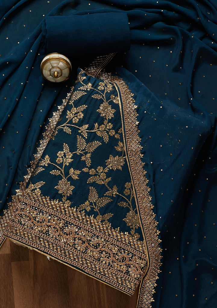 Peacock Blue Zariwork Chanderi Unstitched Salwar Suit-Koskii