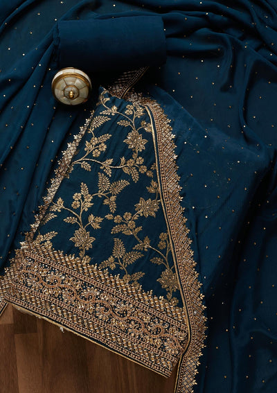 Peacock Blue Zariwork Chanderi Unstitched Salwar Suit-Koskii