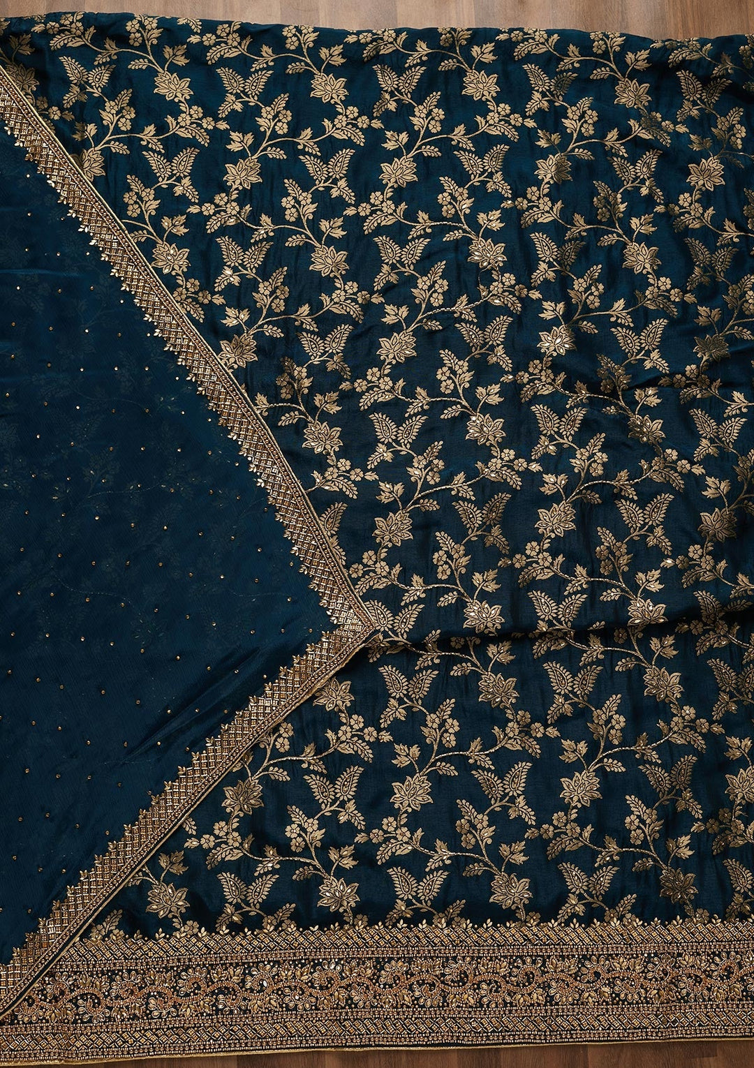Peacock Blue Zariwork Chanderi Unstitched Salwar Suit-Koskii