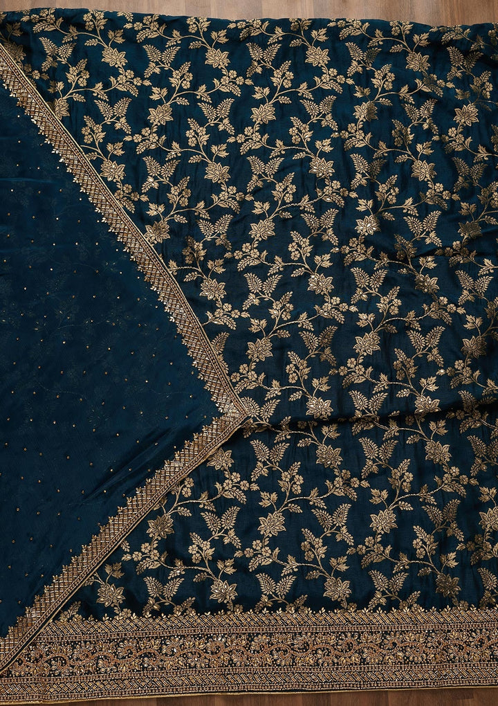 Peacock Blue Zariwork Chanderi Unstitched Salwar Suit-Koskii