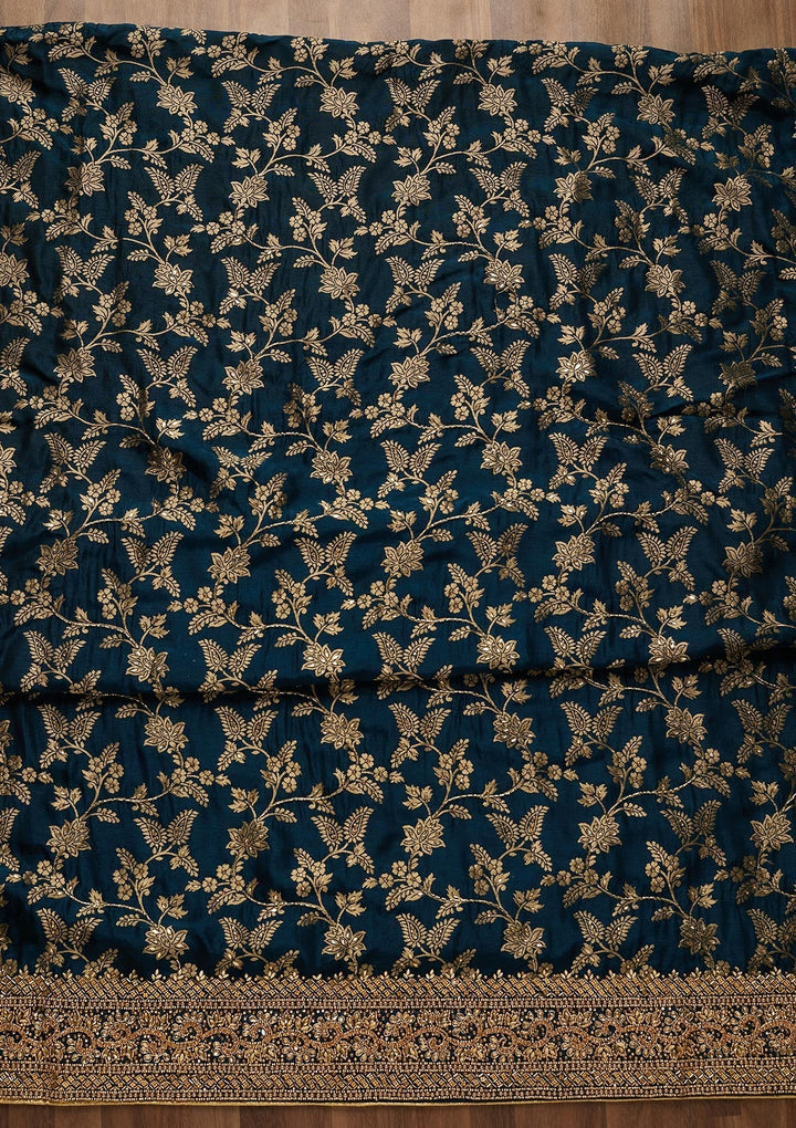 Peacock Blue Zariwork Chanderi Unstitched Salwar Suit-Koskii