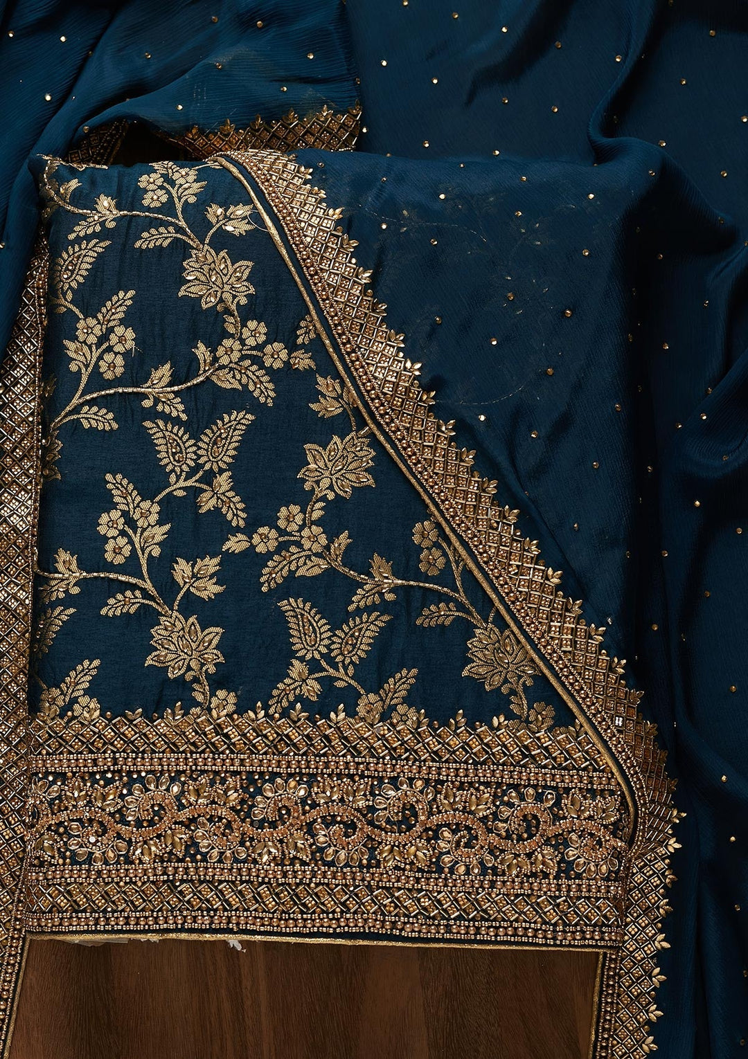 Peacock Blue Zariwork Chanderi Unstitched Salwar Suit-Koskii