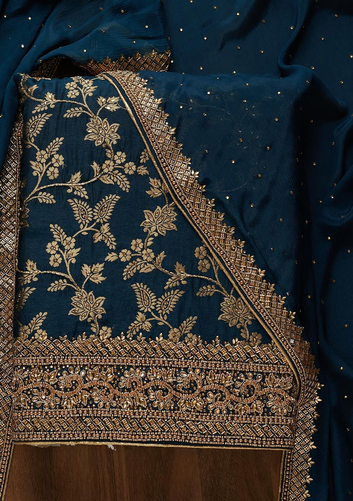Peacock Blue Zariwork Chanderi Unstitched Salwar Suit-Koskii