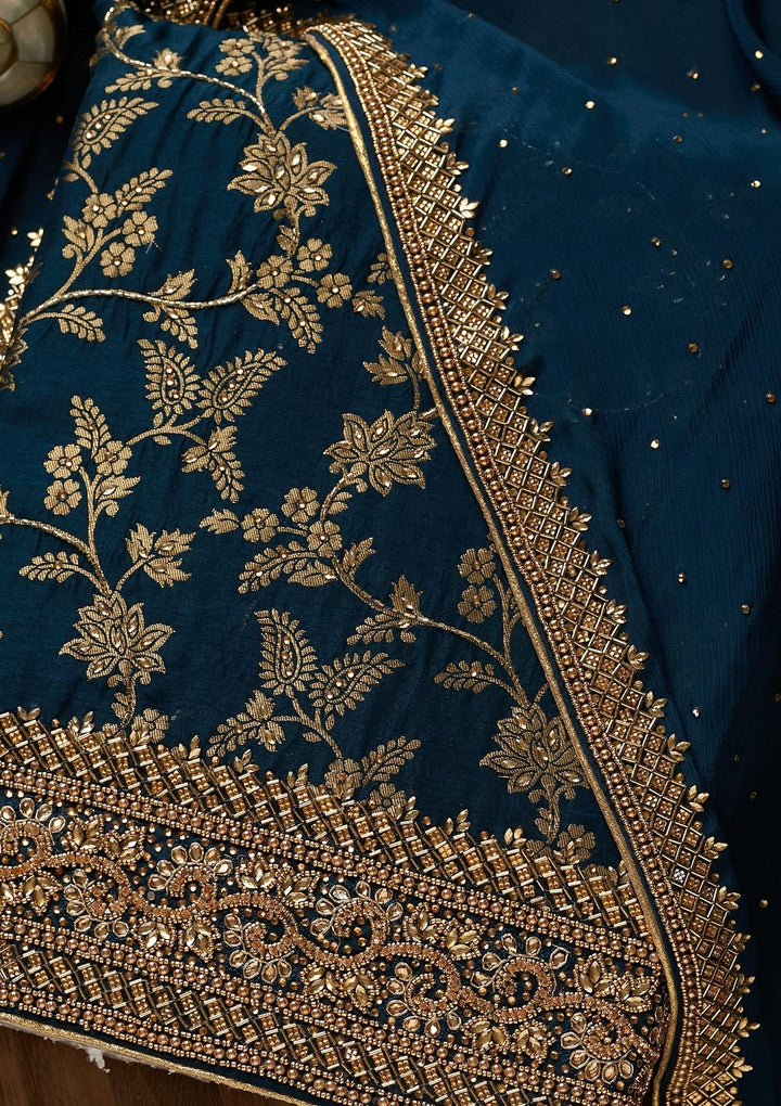 Peacock Blue Zariwork Chanderi Unstitched Salwar Suit-Koskii