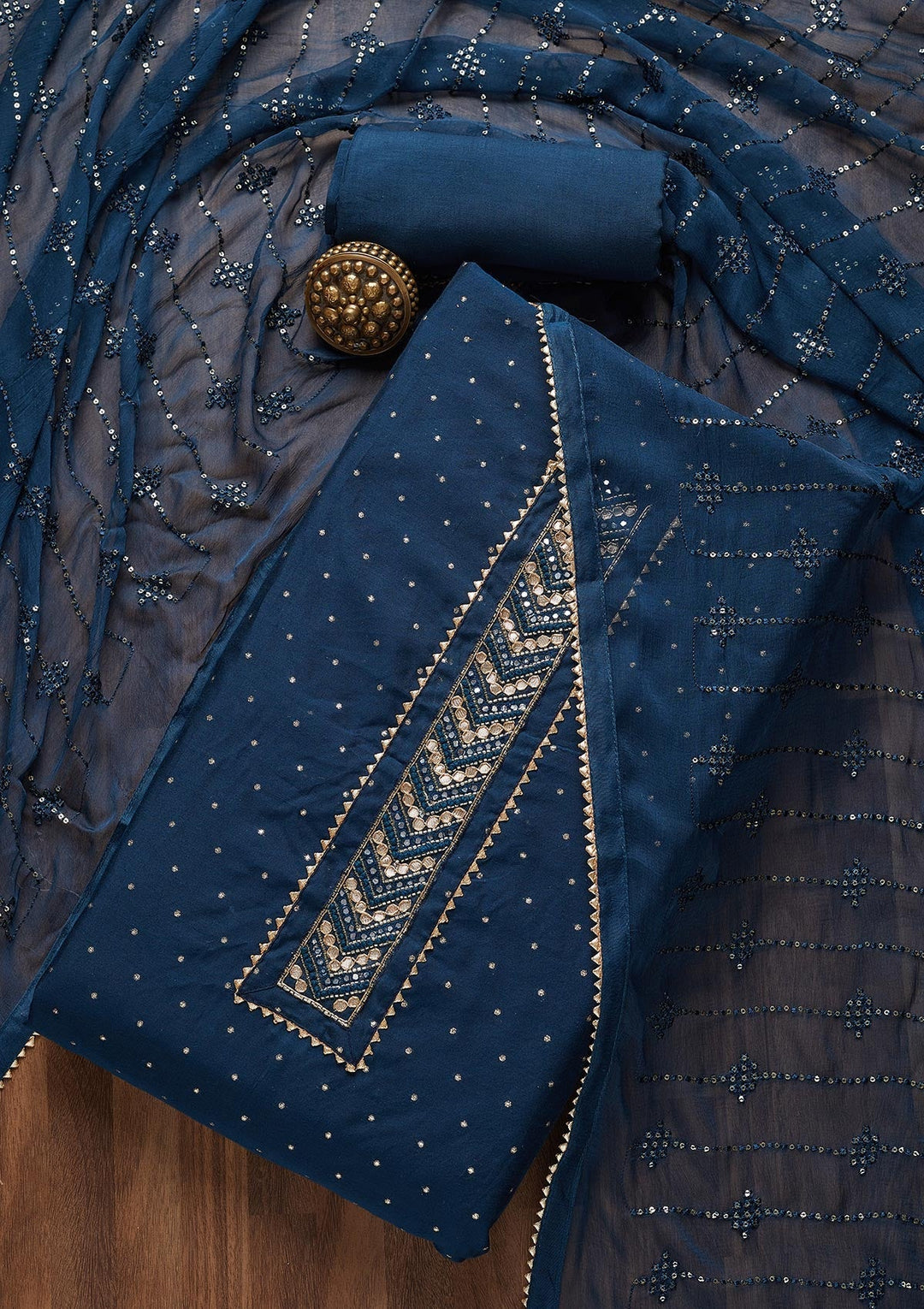 Peacock Blue Zariwork Chanderi Unstitched Salwar Suit- Koskii