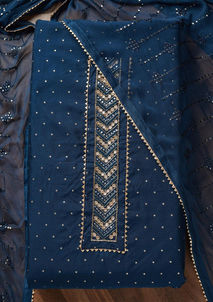 Peacock Blue Zariwork Chanderi Unstitched Salwar Suit - Koskii