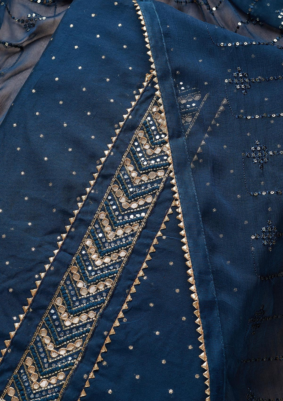Peacock Blue Zariwork Chanderi Unstitched Salwar Suit - Koskii