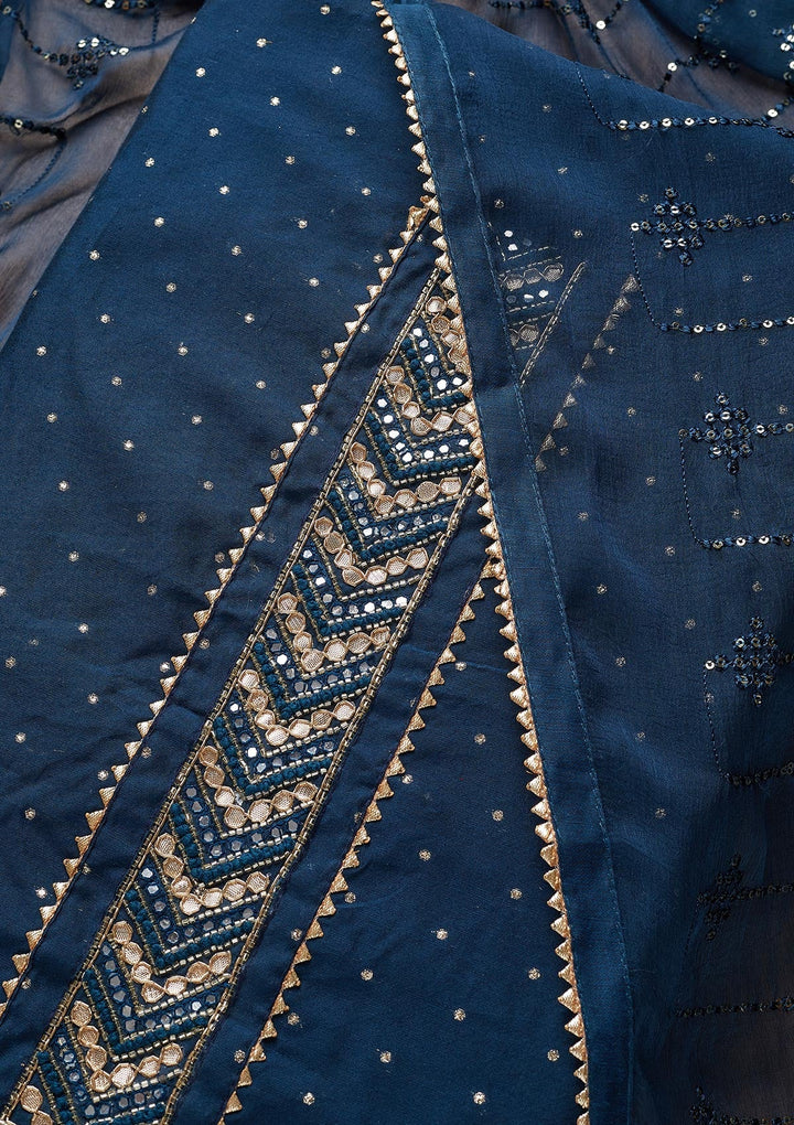 Peacock Blue Zariwork Chanderi Unstitched Salwar Suit - Koskii
