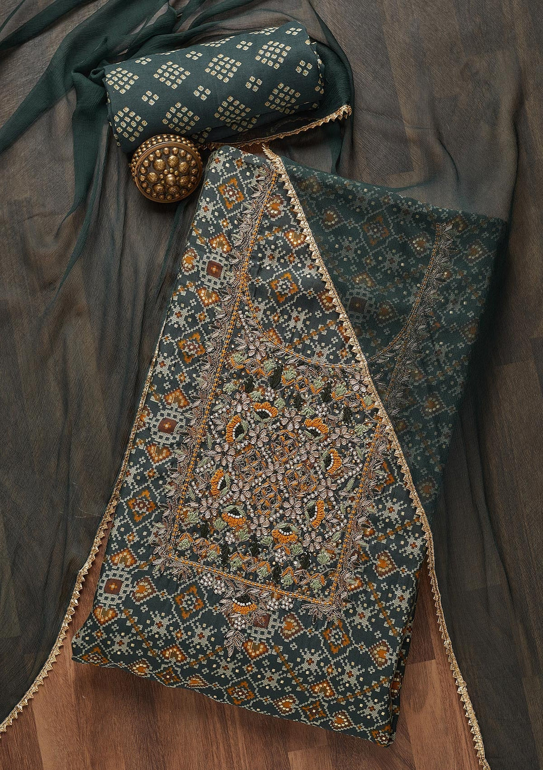 Peacock Blue Zariwork Chanderi Unstitched Salwar Suit- Koskii