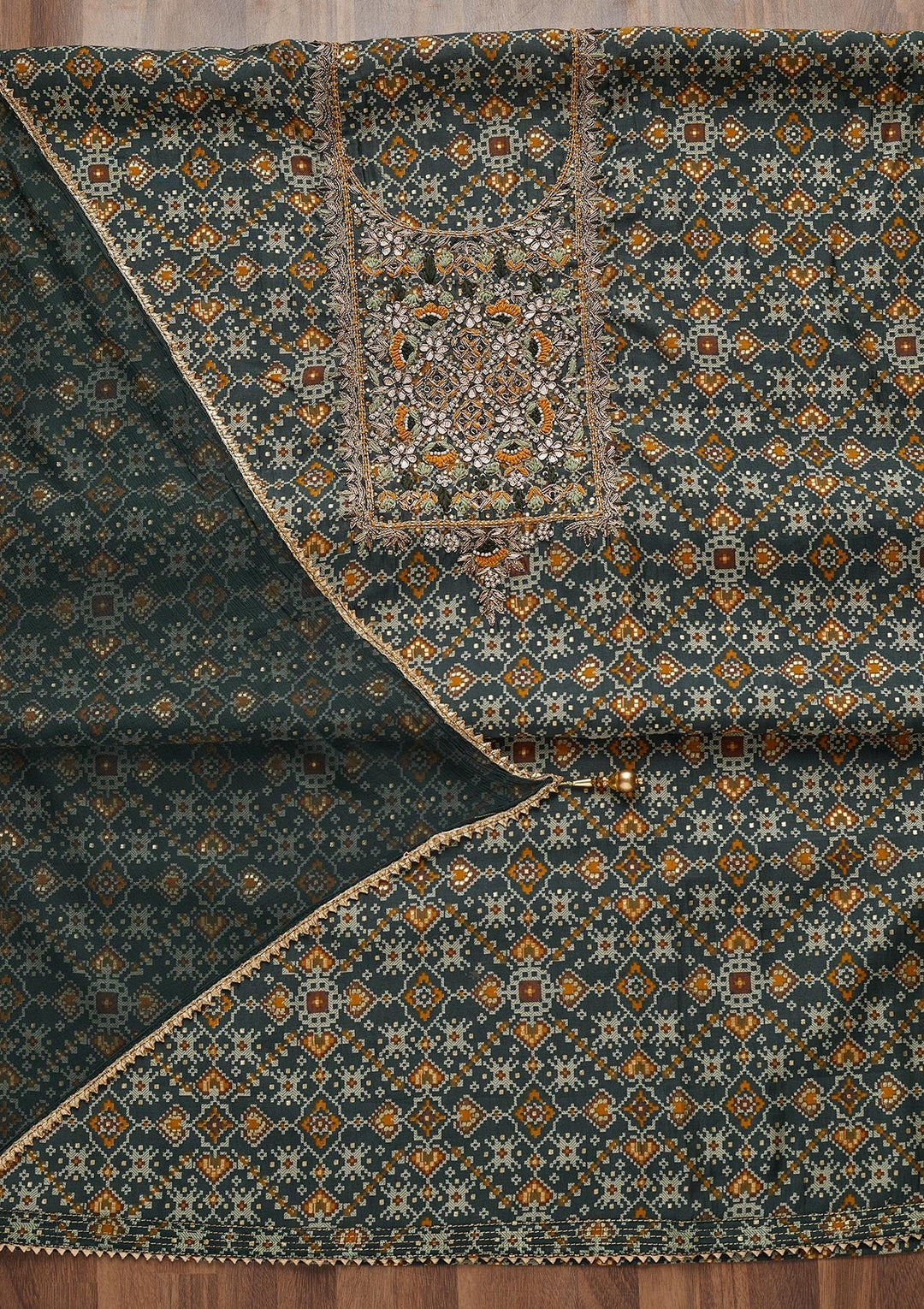 Peacock Blue Zariwork Chanderi Unstitched Salwar Suit - Koskii