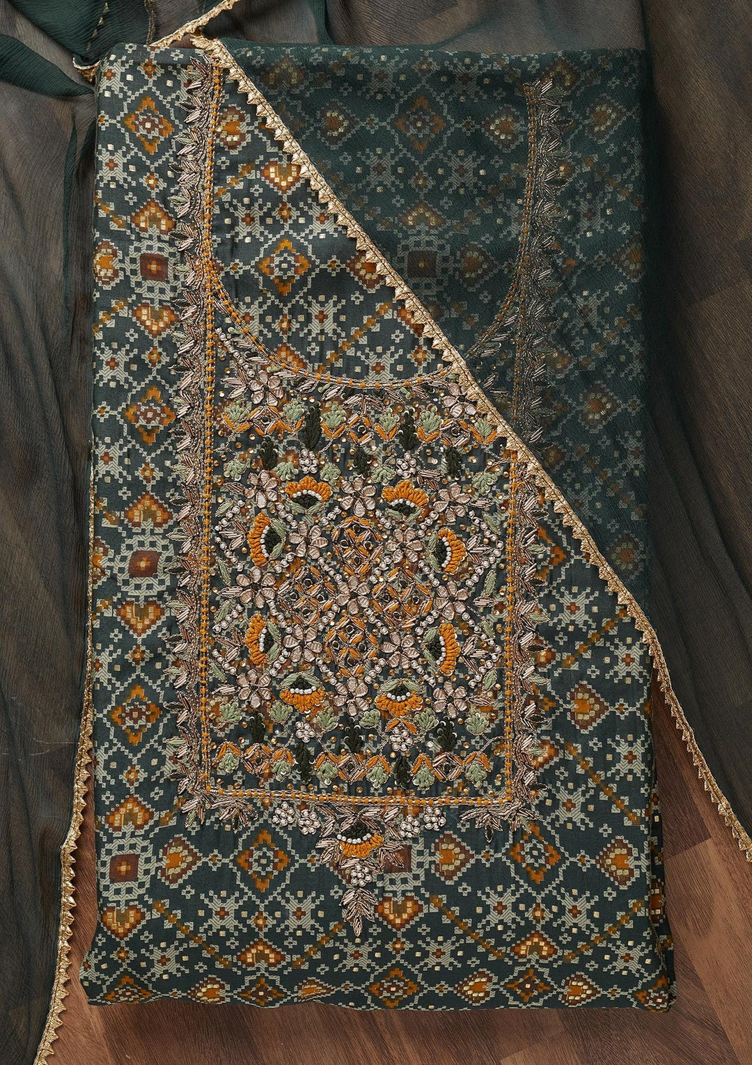 Peacock Blue Zariwork Chanderi Unstitched Salwar Suit - Koskii