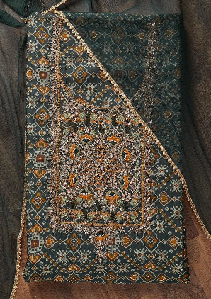Peacock Blue Zariwork Chanderi Unstitched Salwar Suit - Koskii