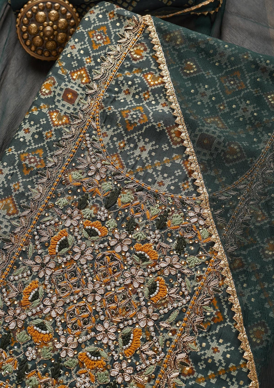 Peacock Blue Zariwork Chanderi Unstitched Salwar Suit - Koskii