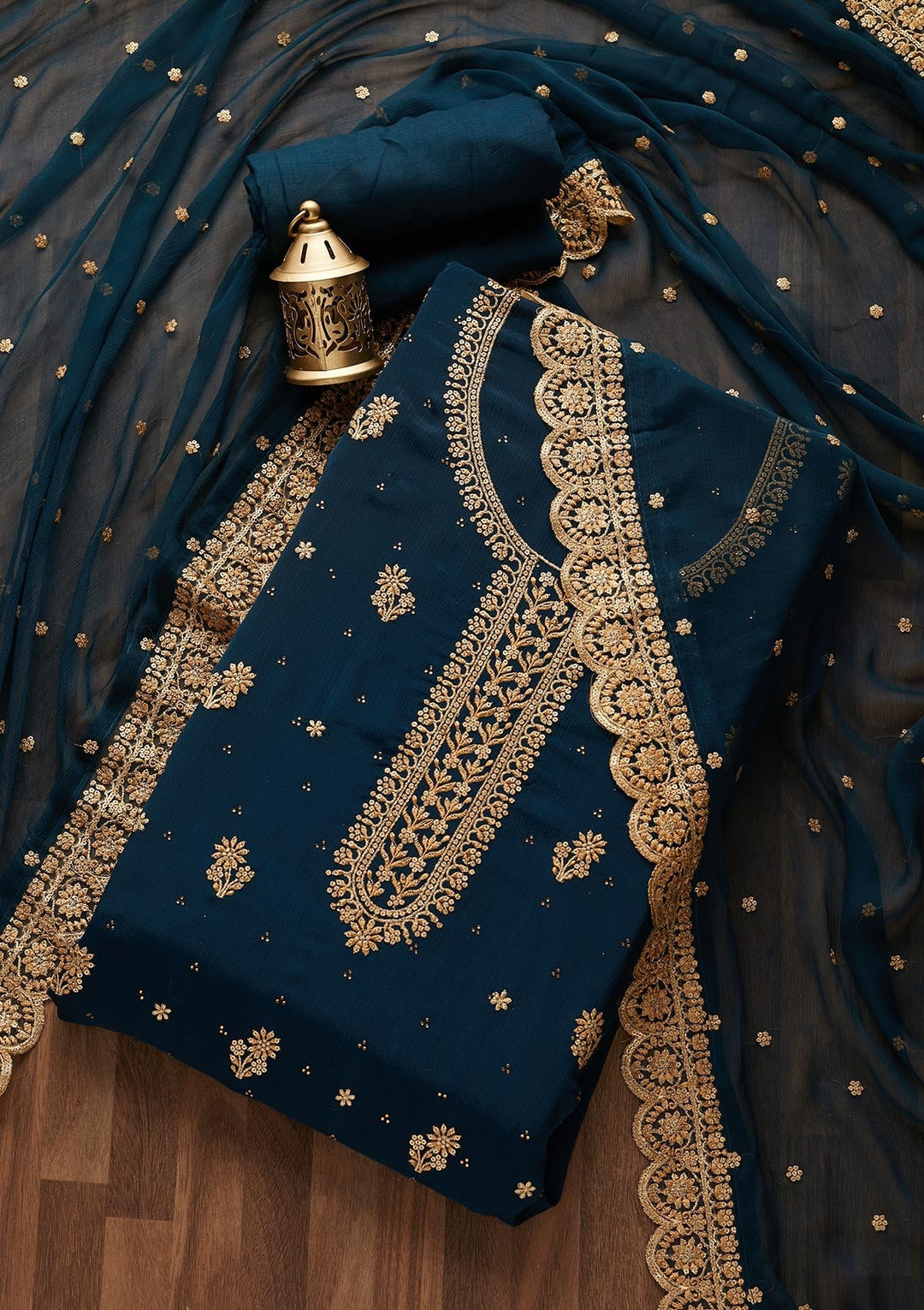 Peacock Blue Zariwork Chiffon Unstitched Salwar Suit - Koskii