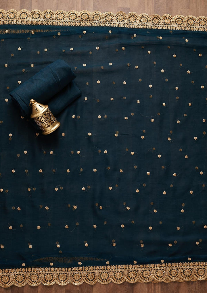 Peacock Blue Zariwork Chiffon Unstitched Salwar Suit - Koskii