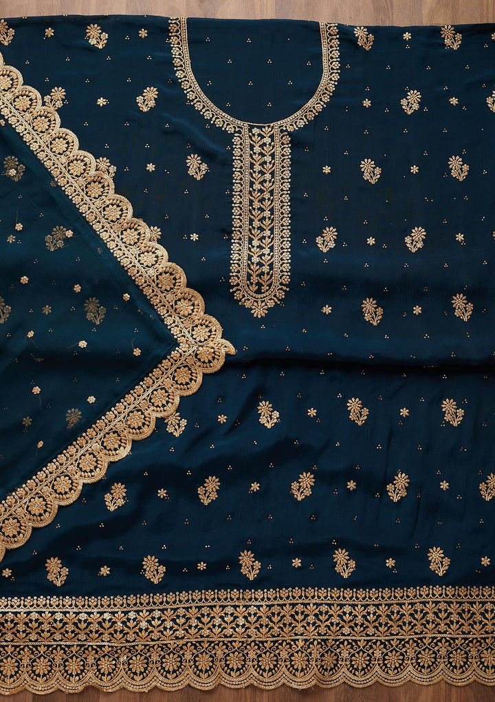 Peacock Blue Zariwork Chiffon Unstitched Salwar Suit - Koskii