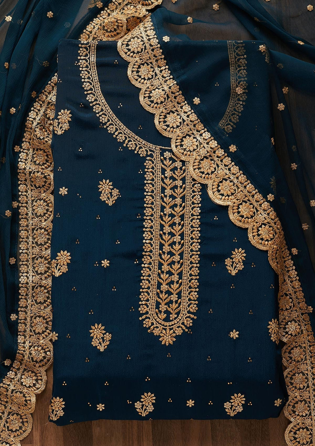Peacock Blue Zariwork Chiffon Unstitched Salwar Suit - Koskii