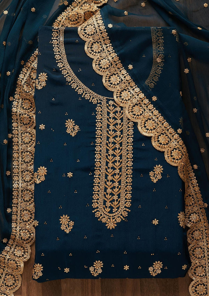 Peacock Blue Zariwork Chiffon Unstitched Salwar Suit - Koskii