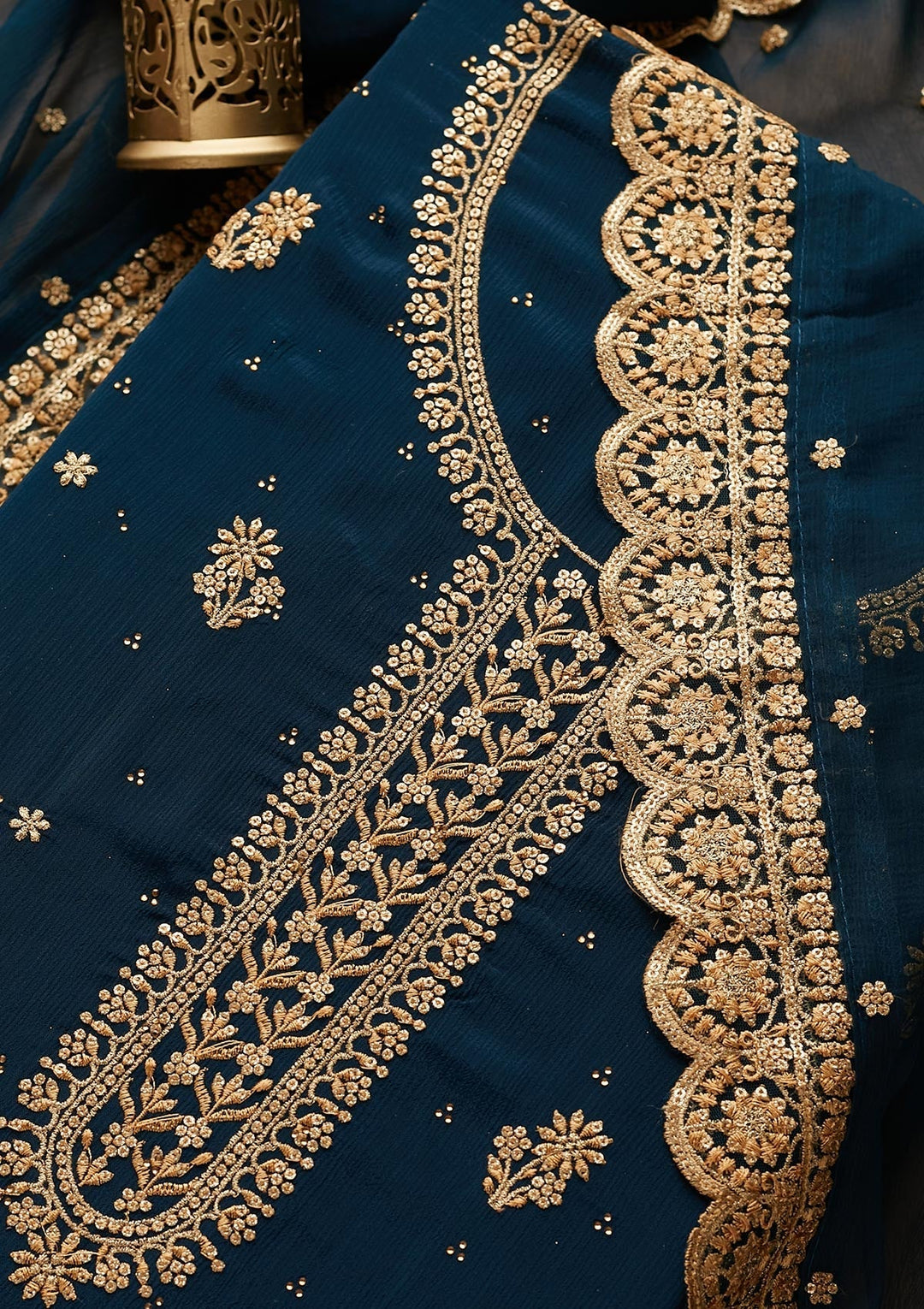 Peacock Blue Zariwork Chiffon Unstitched Salwar Suit - Koskii