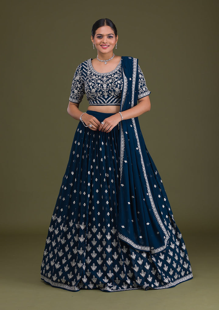 Peacock Blue Zariwork Georgette Readymade Lehenga-Koskii