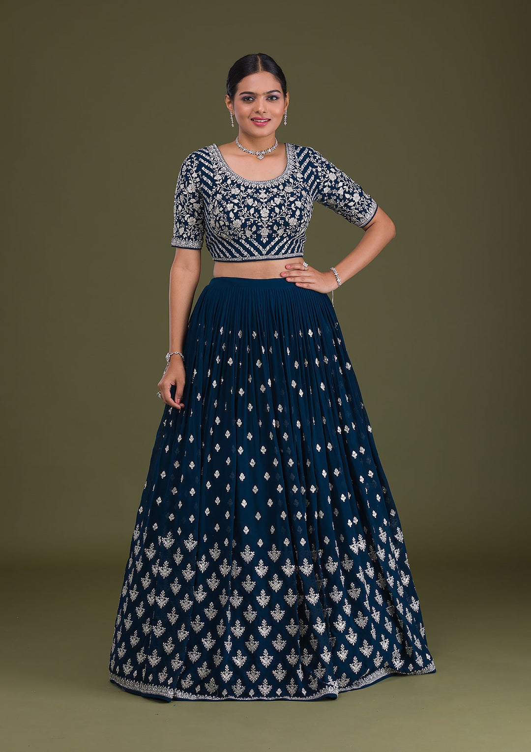 Peacock Blue Zariwork Georgette Readymade Lehenga-Koskii