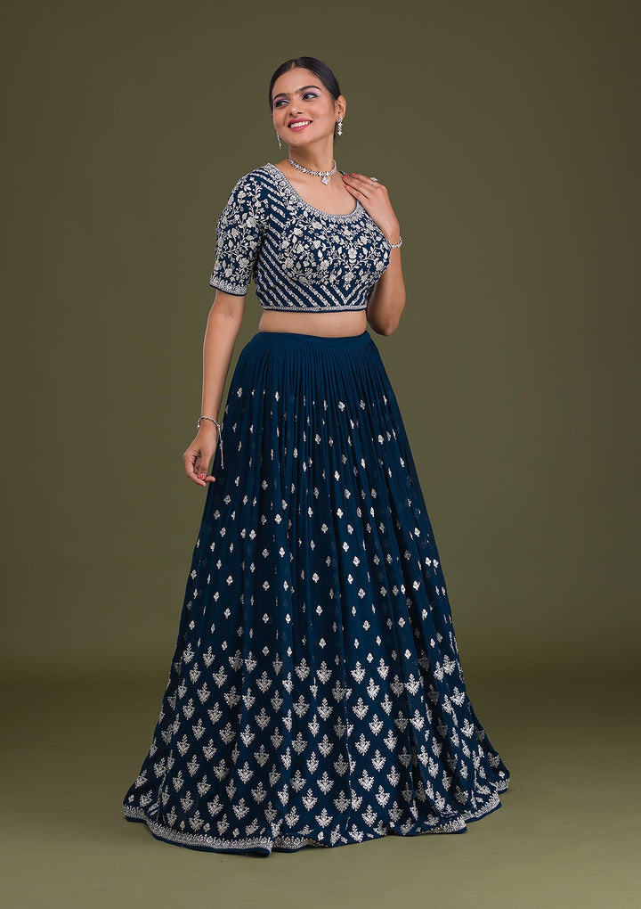 Peacock Blue Zariwork Georgette Readymade Lehenga-Koskii