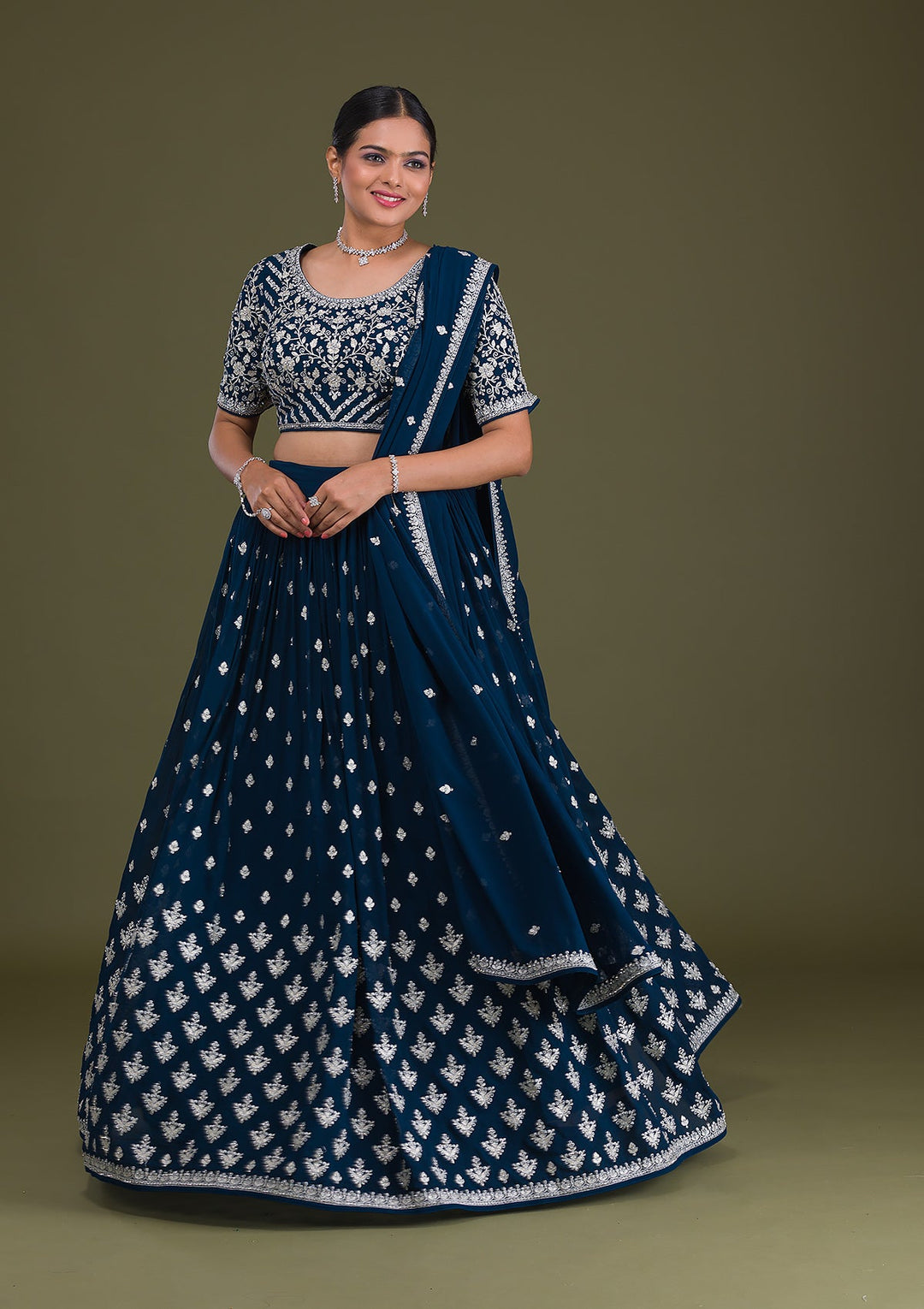 Peacock Blue Zariwork Georgette Readymade Lehenga-Koskii