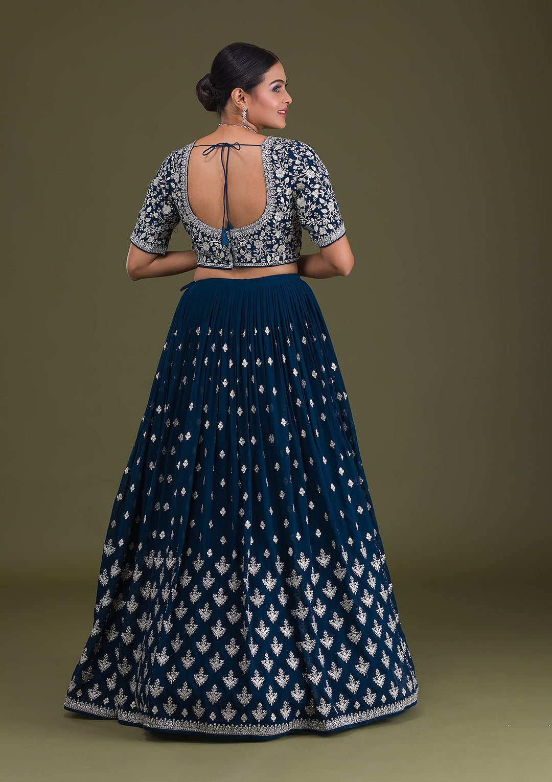 Peacock Blue Zariwork Georgette Readymade Lehenga-Koskii