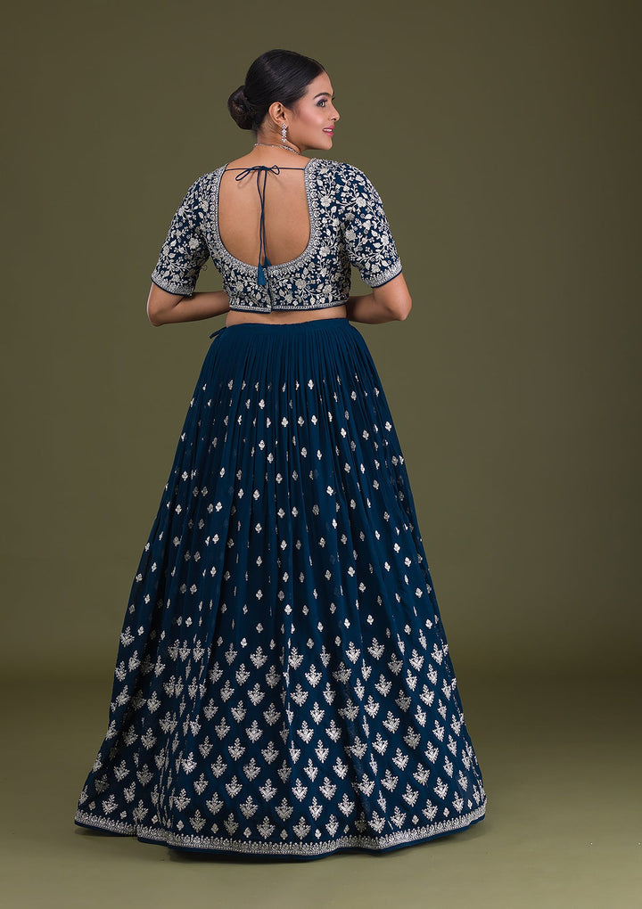 Peacock Blue Zariwork Georgette Readymade Lehenga-Koskii