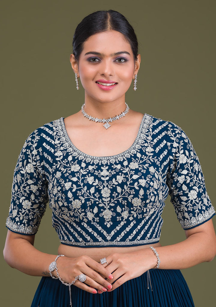 Peacock Blue Zariwork Georgette Readymade Lehenga-Koskii