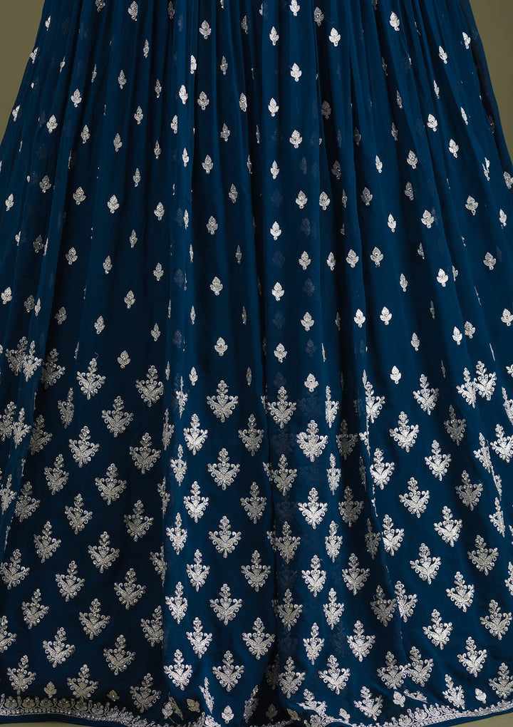 Peacock Blue Zariwork Georgette Readymade Lehenga-Koskii