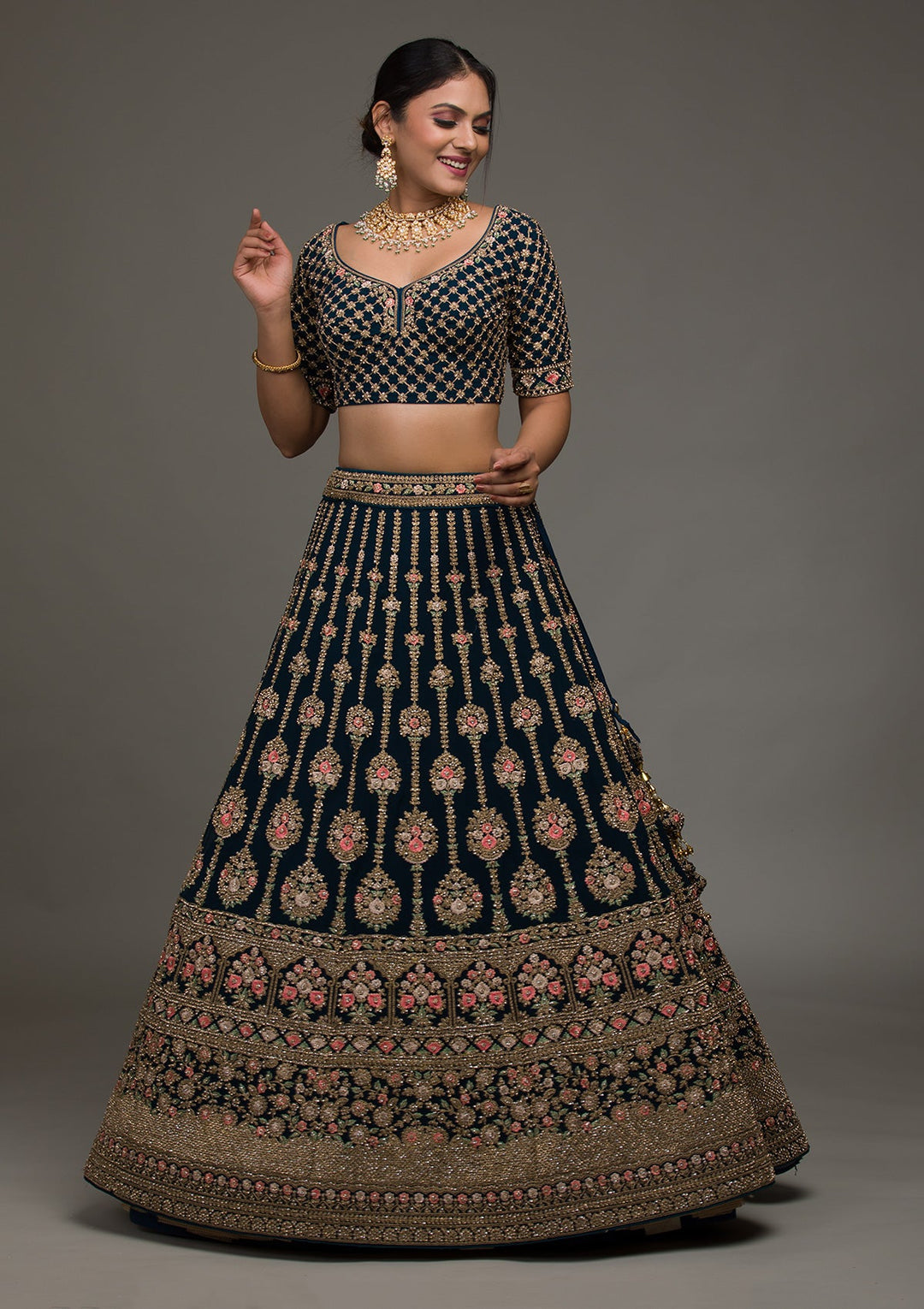 Peacock Blue Zariwork Georgette Lehenga-koskii