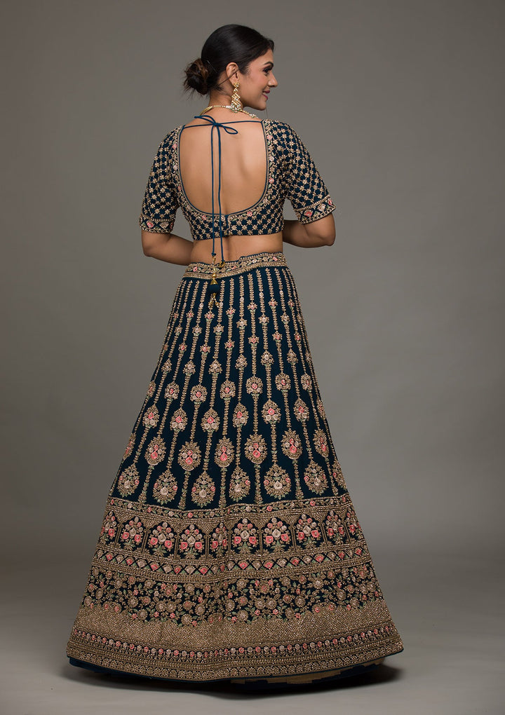 Peacock Blue Zariwork Georgette Lehenga-koskii