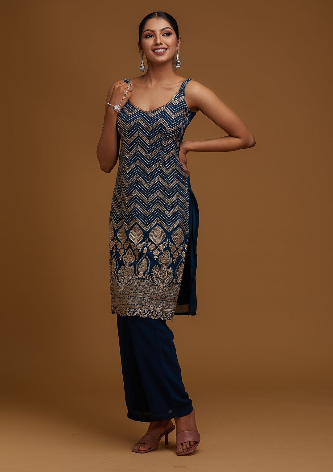 Peacock Blue Zariwork Georgette Designer Salwar Suit - Koskii