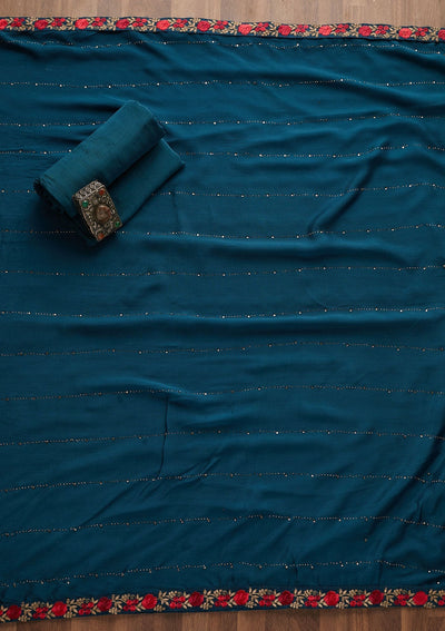 Peacock Blue Zariwork Georgette Designer Semi-Stitched Salwar Suit - Koskii