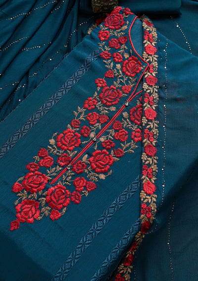 Peacock Blue Zariwork Georgette Designer Semi-Stitched Salwar Suit - Koskii