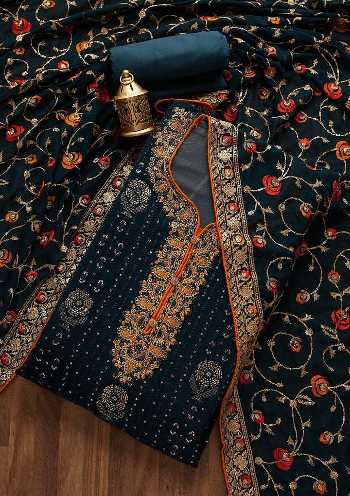 Peacock Blue Zariwork Georgette Designer Semi-Stitched Salwar Suit - Koskii